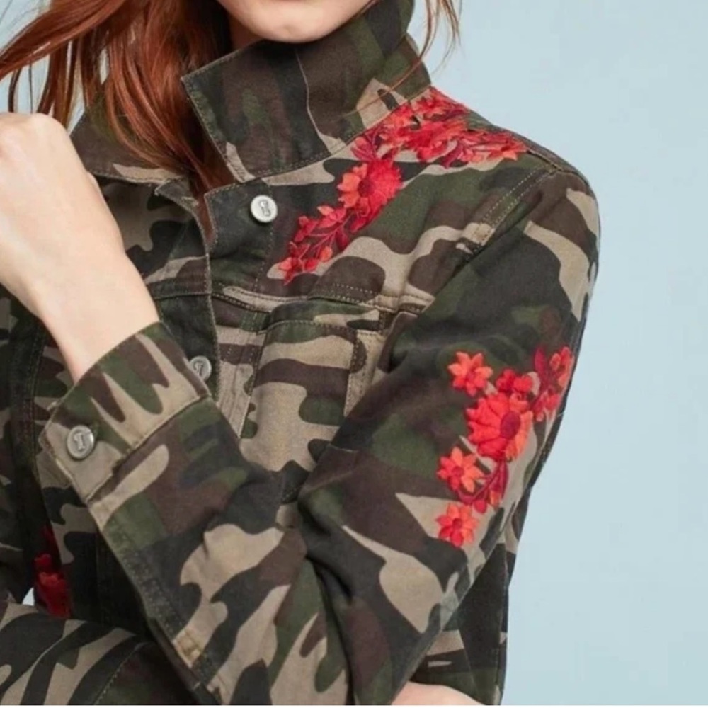 Green and Red Utility Jacket with Floral Embroidery